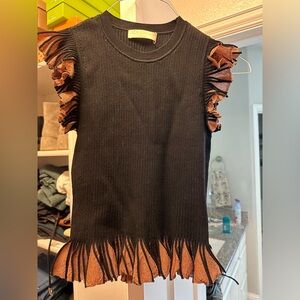 ULLA JOHNSON Leila Top Black Gild Ruffled Trim Ribbed Jersey Knit Sz Small NWOT